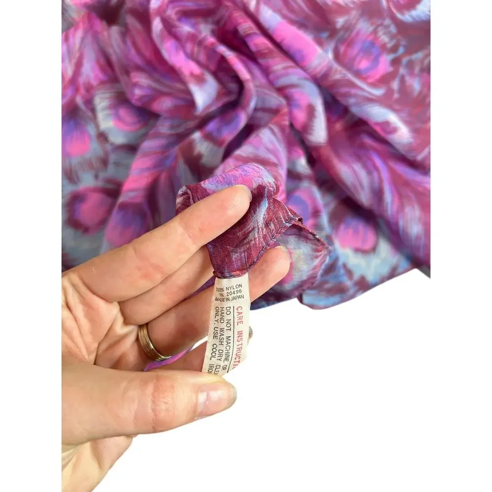 Vintage Scarf - Square- Nylon Vibrant Feather design- Purple blue pink- 27x27